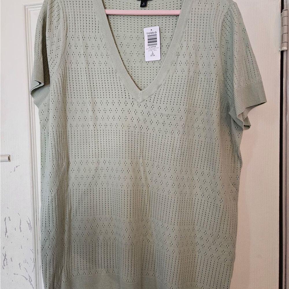 Torrid Everyday Pointelle Pullover V-Neck Smoke Green Soft Sweater - NWT